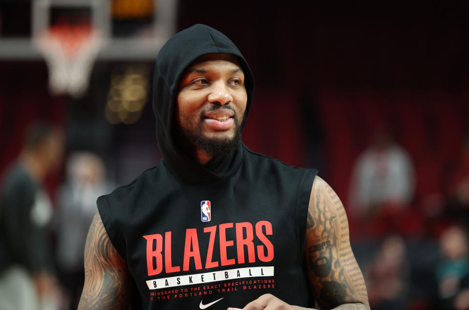 Mar 19, 2023; Portland, Oregon, USA; Portland Trail Blazers guard Damian Lillard (0) participates in warmups before playing LA Clippers at Moda Center. Mandatory Credit: Jaime Valdez-USA TODAY Sports