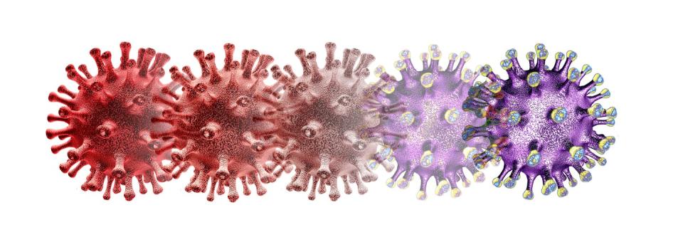 Illustration of a row of coronaviruses in a gradient of colours