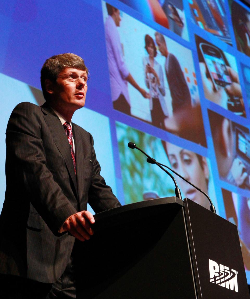 Thorsten Heins, President and CEO of Research in Motion (RIM), speaks at the company's Annual General Meeting, less than two weeks after announcing disappointing financial results, deep job cuts and the latest delay in its BlackBerry 10 software, in Waterloo, Ontario, Tuesday, July 10, 2012. Analysts believe RIM is running out of time to turn itself around. Sales of the once-pioneering BlackBerry phones fell 41 percent in the latest quarter and likely won't pick up again until new phones come out next year. (AP Photo/The Canadian Press, Dave Chidley)