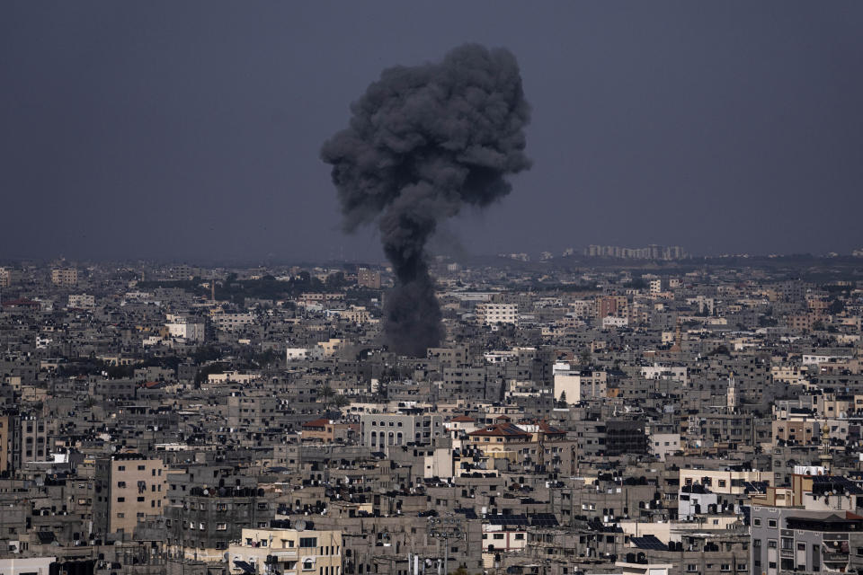 Smoke rises from an Israeli airstrike in Gaza City, Wednesday, May 10, 2023. Palestinian militants fired dozens of rockets from the Gaza Strip into Israel on Wednesday, in a first response to Israeli airstrikes that have killed 19 Palestinians, including three senior militants and at least 10 civilians. (AP Photo/Fatima Shbair)