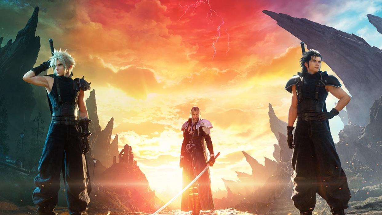  Cloud, Sephiroth and Zack stand under a sunlit sky. 