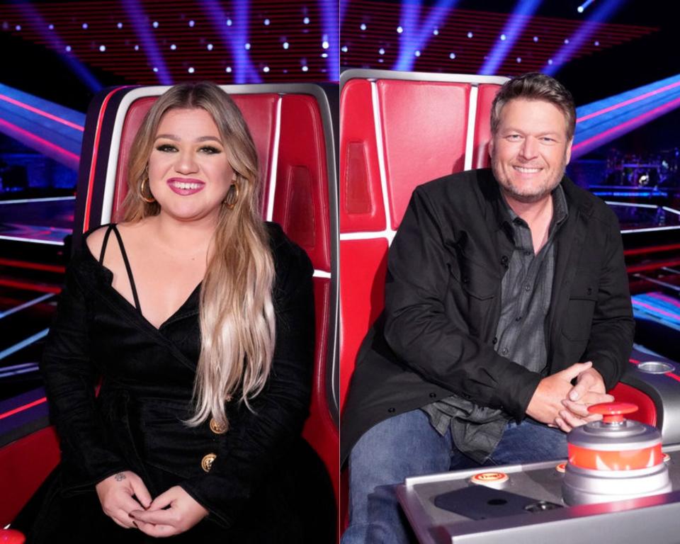 Kelly Clarkson, left, and Blake Shelton.