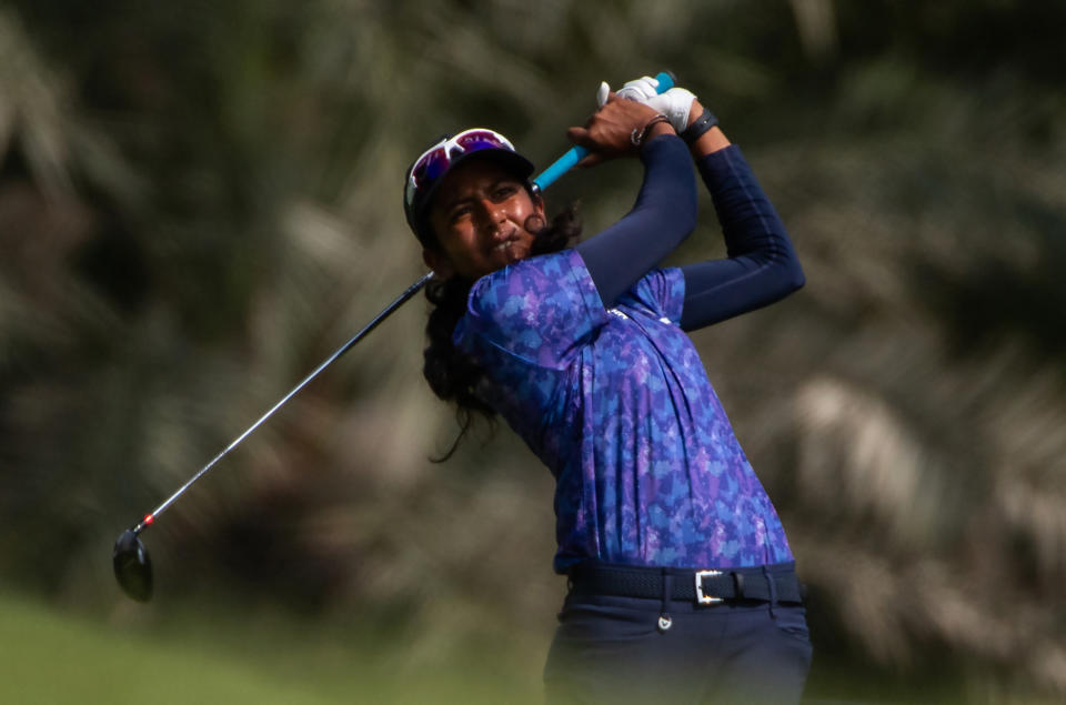 Avani Prashanth of India tees off at the third hole during the 2023 World Amateur Team Championships – Espirito Santo Trophy at Abu Dhabi Golf Club on October 25, 2023 in Abu Dhabi, United Arab Emirates. (Photo by Martin Dokoupil/Getty Images)