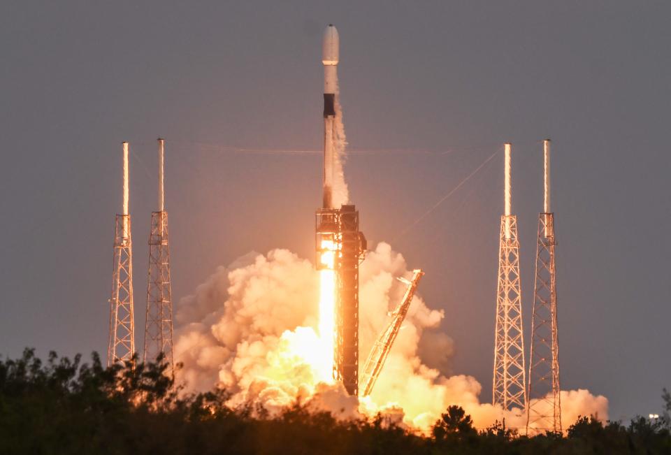 A SpaceX Falcon 9 rocket carrying 23 Starlink satellites lifts off Sunday from Cape Canaveral Space Force Station.