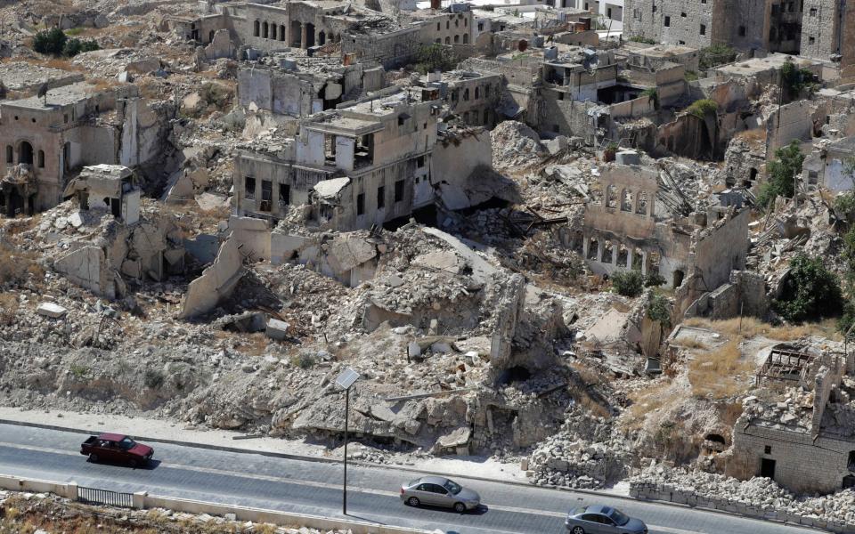 Little remains but rubble in this suburb of Aleppo, Syria, after Russian airstrikes