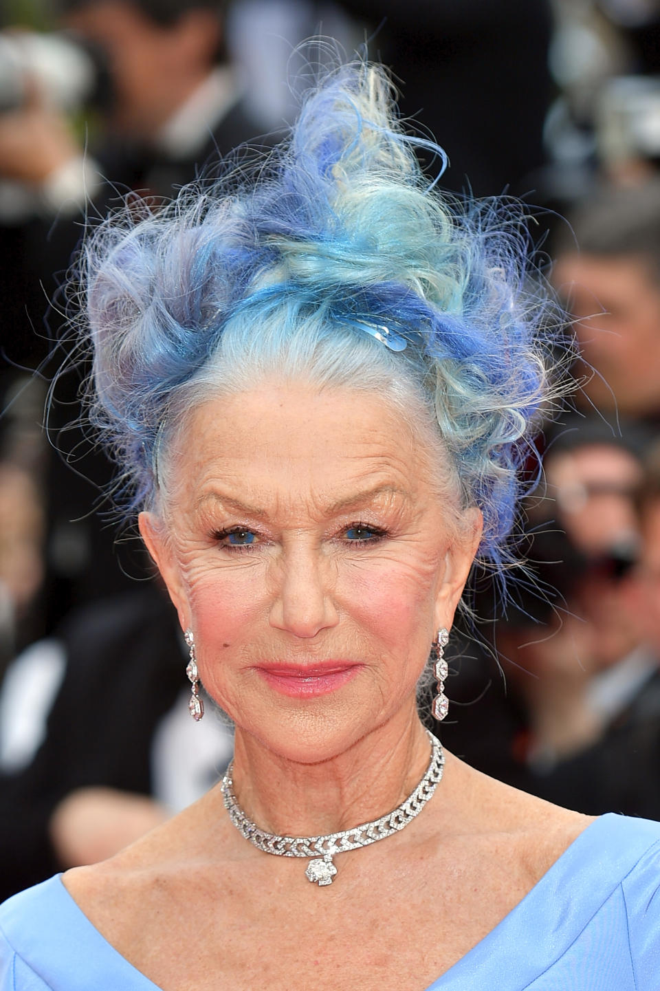 Helen Mirren appeared at Cannes with bright blue hair. (Getty Images)