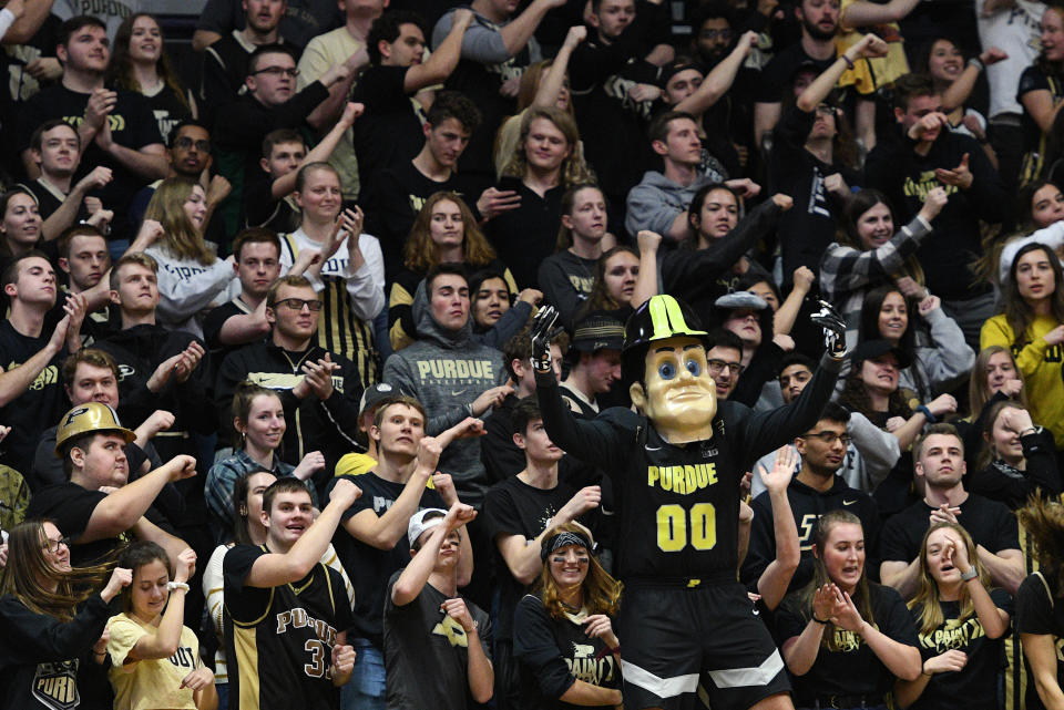 Purdue Pete joins the Paint Crew student section during the Big Ten Conference college basketball game between the Wisconsin Badgers and the Purdue Boilermakers on January 24, 2020, at Mackey Arena in West Lafayette, Indiana. (Photo by Michael Allio/Icon Sportswire via Getty Images)