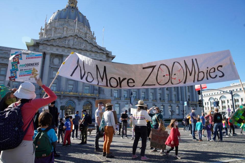 Feb. 2: Hundreds march to San Francisco, California, City Hall demanding schools reopen for in-person classes. (Getty Images)