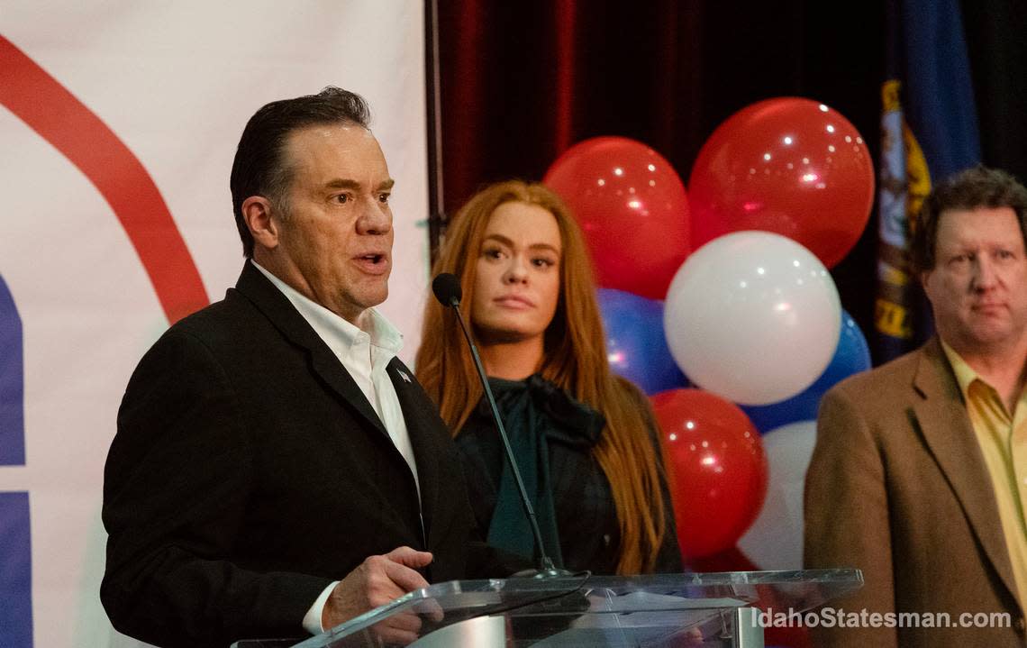 Rep. Russ Fulcher, R-Idaho, left, delivered remarks late Tuesday with his daughter, Meghan Fulcher, the congressman’s campaign manager, by his side at an Idaho Republican Party watch party at The Grove Hotel in Boise, on Tuesday, Nov. 8, 2022.