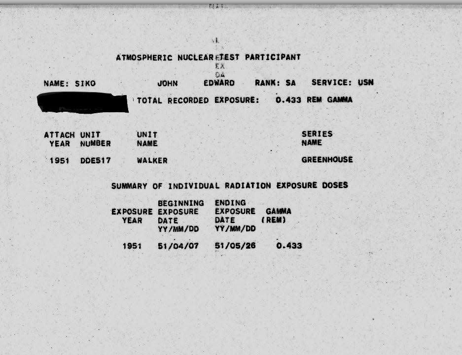 This government document estimates how much gamma radiation John Siko was exposed to during Project Greenhouse, when four nuclear bombs were tested in the Marshall Islands. He says he hasn't had any health problems related to the radiation, but jokes that he glows at night.