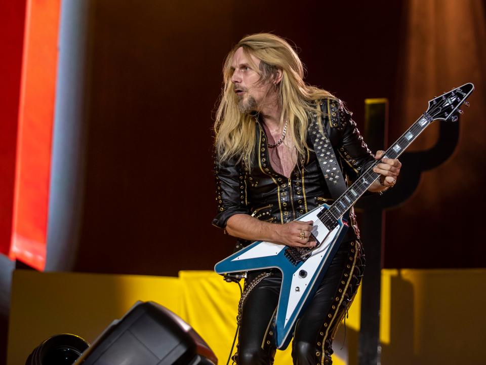 Guitarist Richie Faulkner of Judas Priest performs during the Power Trip Music Festival at the Empire Polo Club in Indio, Calif., Saturday, Oct. 7, 2023.