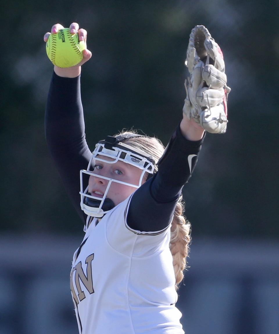 Penn pitcher Aubrey Zachary throws to the plate during the Penn vs. Clay girls softball game Wednesday, April 26, 2023, at Penn High School in Mishawaka.