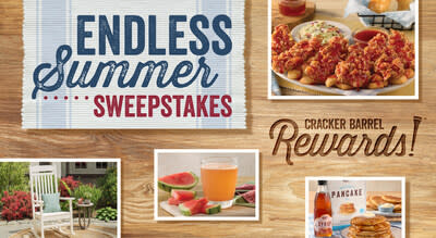 Cracker Barrel Rewards Members can enter the Endless Summer Sweepstakes* for a chance to win a $2,500 Cracker Barrel Gift Card, plus other prizes in July! *Terms and conditions apply. See crackerbarrel.com for more information.