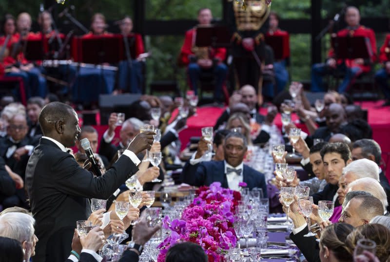 William Ruto, Kenya's president, speaks during a toast to US President Joe Biden, during a state dinner at the White House in Washington, D.C., on Thursday. Photo by Al Drago/UPI