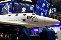 A model of a Virgin Galactic SpaceShipTwo is seen on floor of New York Stock Exchange as Virgin Galactic (SPCE) began public trading in New York