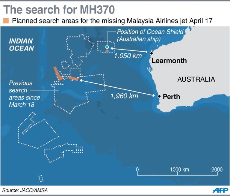 A map showing the search zones for missing Malaysia Airlines MH370 on April 17, 2014