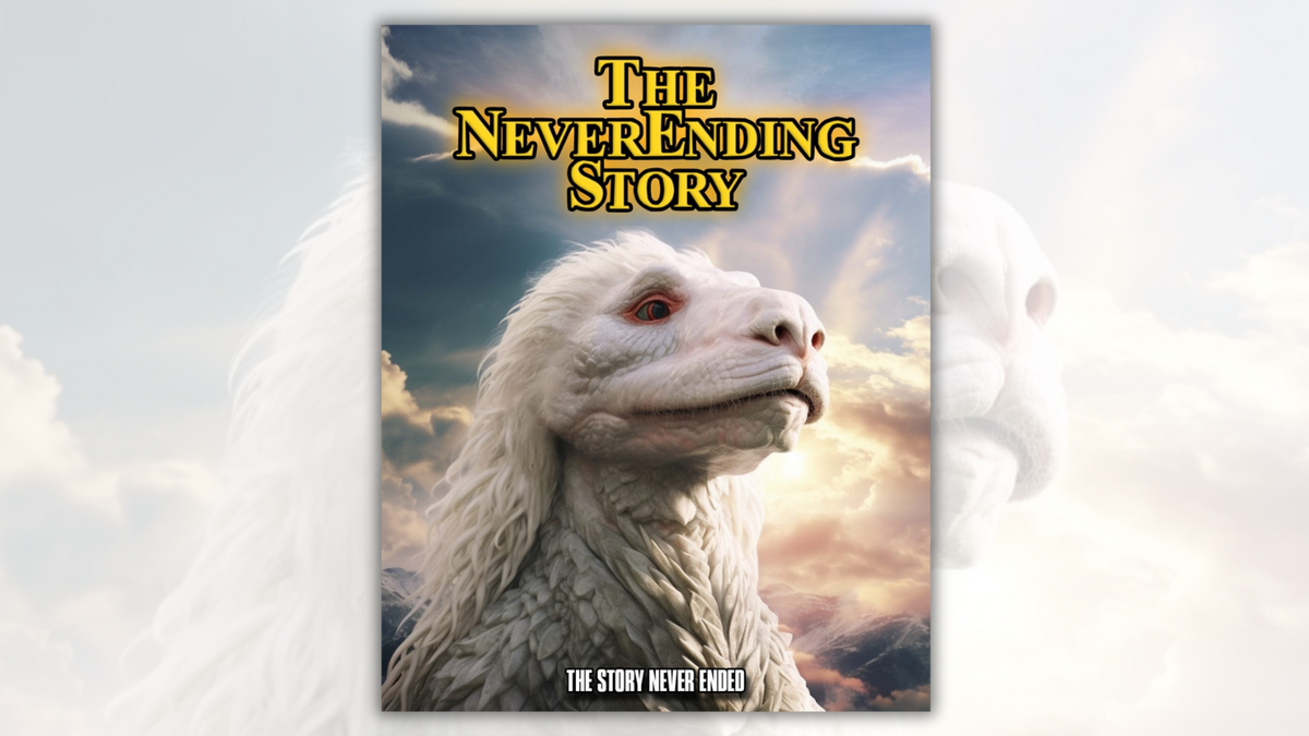 A poster shows a furry white creature. Above its head says "The NeverEnding Story" in yellow letters, while the bottom of the poster says "The story never ends.". 