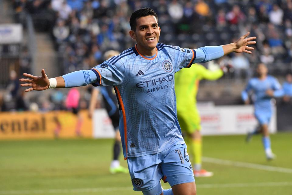 Alonso Martinez celebrates his goal in New York City FC's 2-1 win against the Philadelphia Union at Subaru Park on Wednesday.