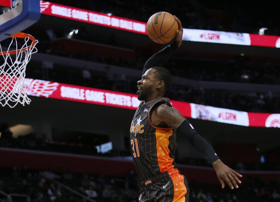 Orlando Magic guard Terrence Ross dunks against the Detroit Pistons during the first half of an NBA basketball game Saturday, Jan. 8, 2022, in Detroit. (AP Photo/Duane Burleson)