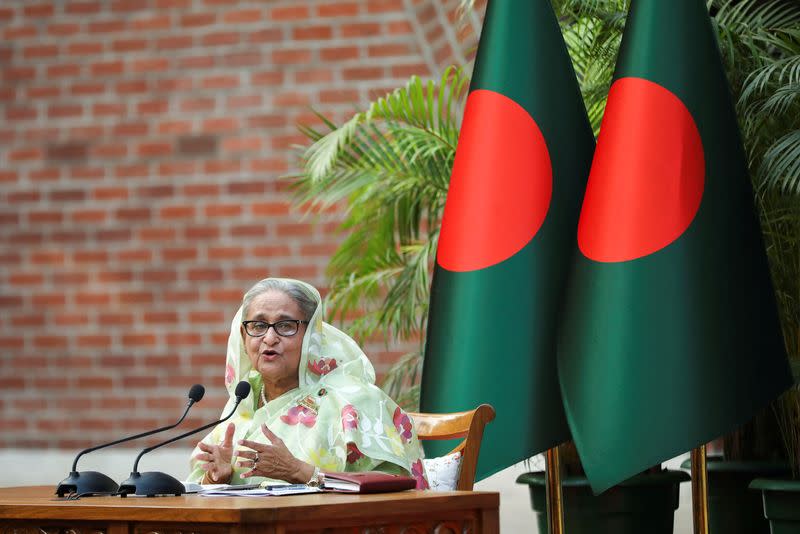 Sheikh Hasina, the newly elected Prime Minister of Bangladesh and Chairperson of Bangladesh Awami League, gestures during a meeting with foreign observers and journalists at the Prime Minister's residence in Dhaka