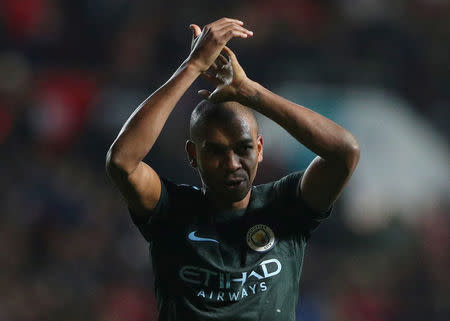 Soccer Football - Carabao Cup Semi Final Second Leg - Bristol City vs Manchester City - Ashton Gate Stadium, Bristol, Britain - January 23, 2018 Manchester City's Fernandinho applauds fans after the match REUTERS/Hannah Mckay