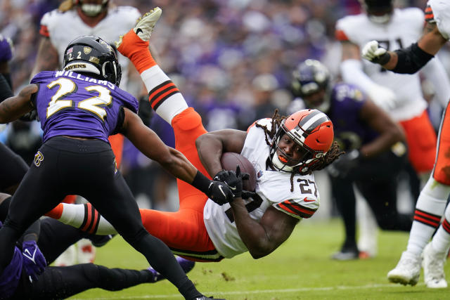 Cleveland Browns running back Kareem Hunt jogs off the field during pre-game  warm-ups before a NFL football game against the Baltimore Ravens, Sunday,  Oct. 23, 2022, in Baltimore. (AP Photo/Terrance Williams Stock