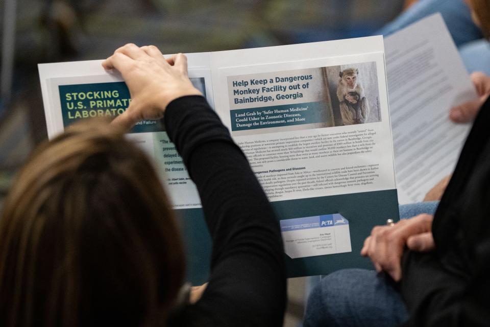 Concerned citizens of Decatur County and surrounding areas attend a meeting at a Holiday Inn in Bainbridge, Georgia to share their opposition to the monkey breeding facility set to be built in Bainbridge, Tuesday, Jan. 23, 2024.