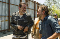 <p>We’ll probably never seen it on-screen, but Jeffrey Dean Morgan and Andy Lincoln crack each other up while filming on the Alexandria set.<br><br>(Photo: AMC) </p>
