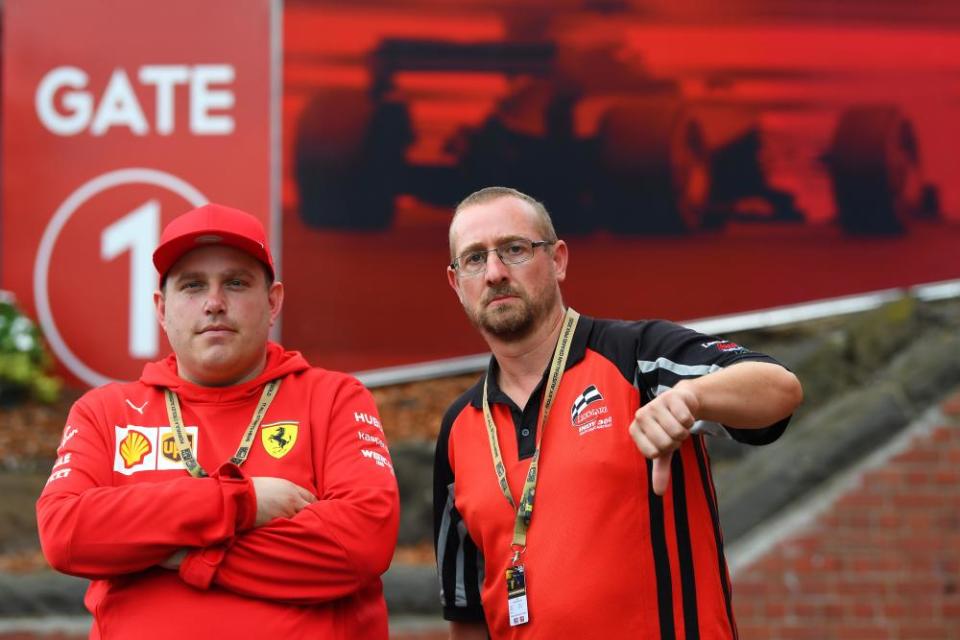 Upset fans James Haworth (right) and Kaine Pizzato outside Albert Park.