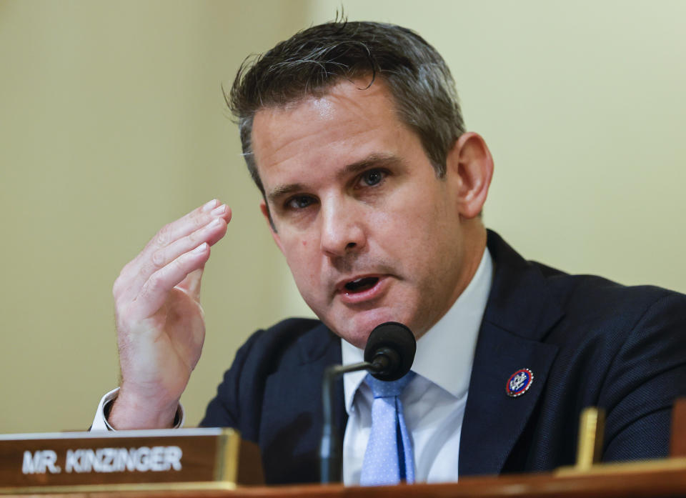 Rep. Adam Kinzinger, R-Ill., speaks during a House select committee hearing on the Jan. 6 attack on Capitol Hill in Washington, Tuesday, July 27, 2021. (Jim Bourg/Pool via AP)