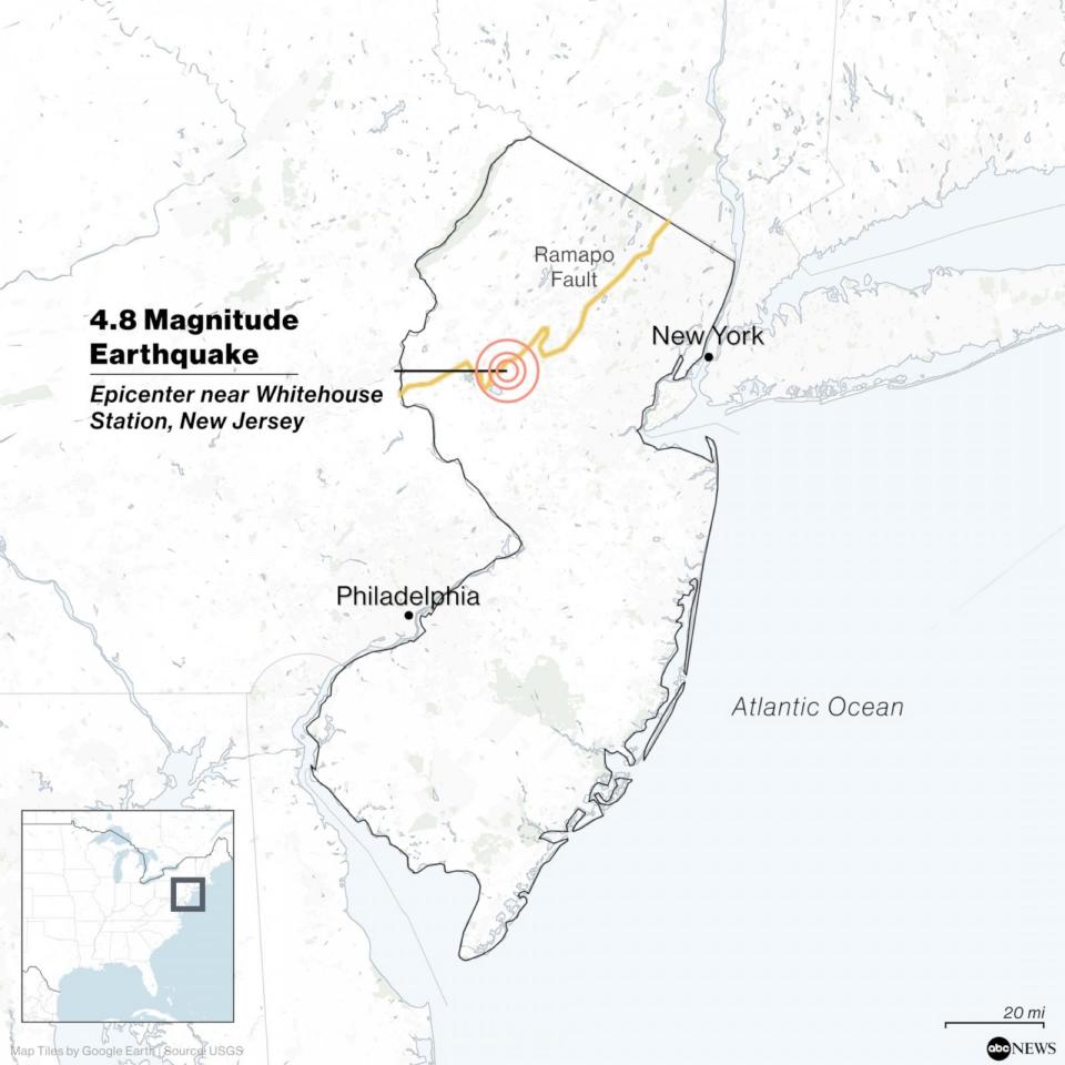 MAP ILLUSTRATION: 4.8 Magnitude Earthquake Apr. 5, 2024 near Whitehouse Station, NJ (ABC News Map Illustration / USGS)