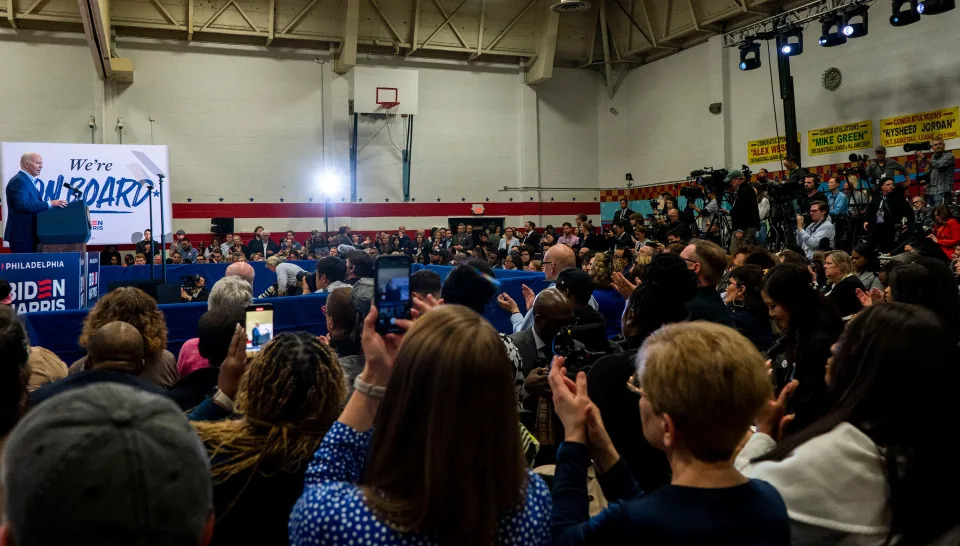 Philadelphia, Pennsylvania |The crowd and members of the media listen as President Joe Biden, left, gives his speech during his re-election rally at the Martin Luther King Recreation Center in Philadelphia, Pennsylvania on April 18, 2024.