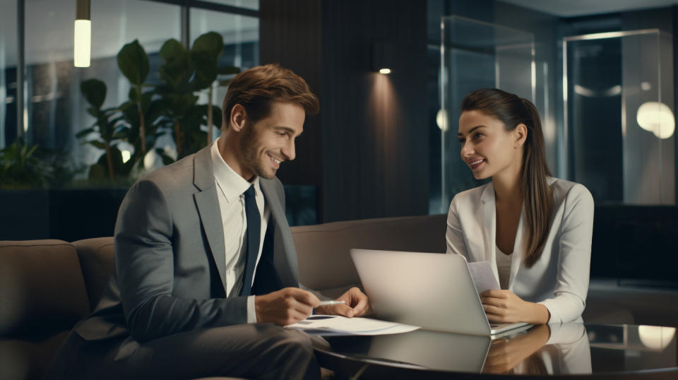 An experienced banker offering financial advice to a young couple.