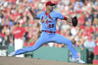 St. Louis Cardinals starting pitcher Jack Flaherty delivers during the first inning of a baseball game against the Cleveland Guardians, Saturday, May 27, 2023, in Cleveland. (AP Photo/David Dermer)