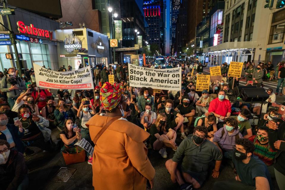 People take to the streets following the verdict in the Derek Chauvin trial on April 20, 2021 in New York City.