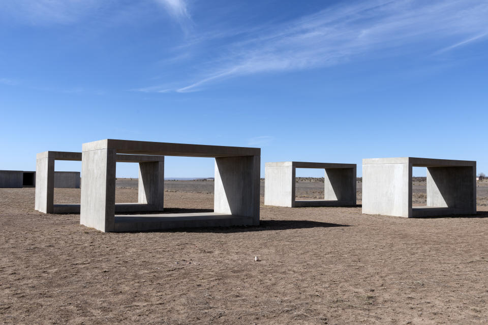 UNITED STATES - MARCH 22:  Untitled box-like art, sometimes called Judd cubes, by Minimalist artist Donald Judd, though he detested the minimalist description, on the grounds of the Chinati Foundation, or La Fundacion Chinati, a contemporary art museum in Marfa, a surprisingly sophisticated town in the Texas high desert (Photo by Carol M. Highsmith/Buyenlarge/Getty Images)