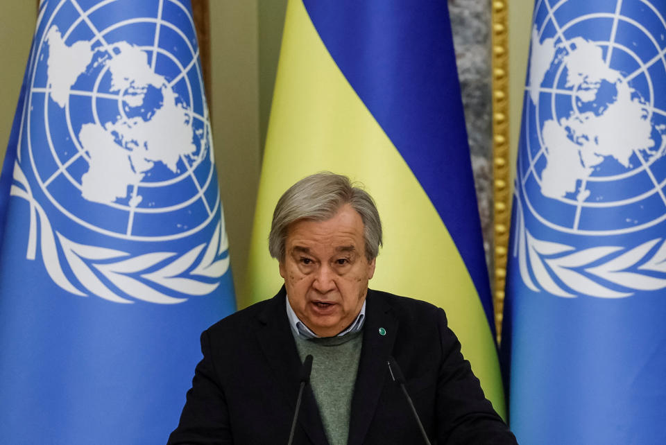 U.N. Secretary-General Antonio Guterres attends a joint news briefing with Ukraine's President Volodymyr Zelenskiy, amid Russia's attack on Ukraine, in Kyiv, Ukraine March 8, 2023.  REUTERS/Alina Yarysh