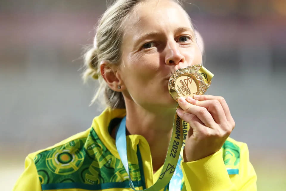 Seen here, Meg Lanning celebrates after winning gold at the Commonwealth Games. 