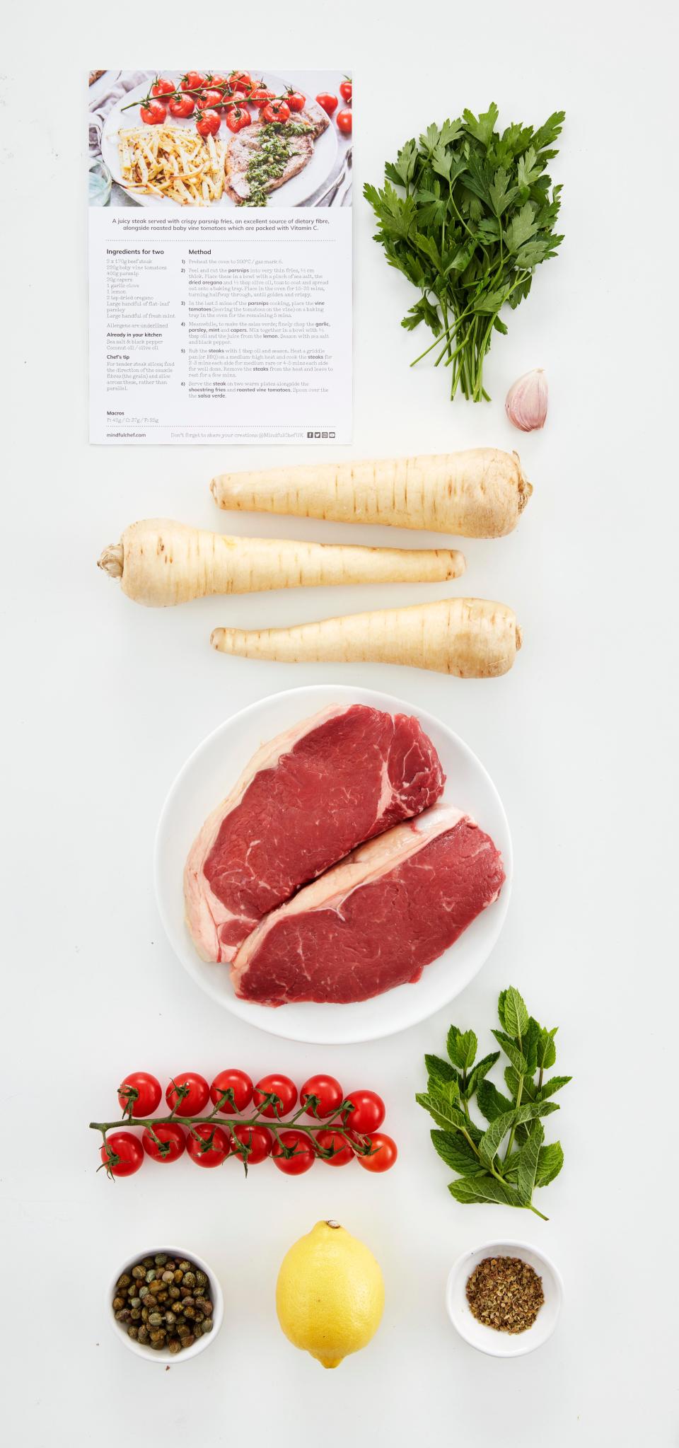 Steak with salsa verde and shoestring parsnip fries by Mindful Chef - Credit: Andrew twort