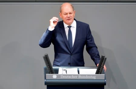 German Finance Minister Olaf Scholz addresses lower house of parliament (Bundestag) during a budget session in Berlin