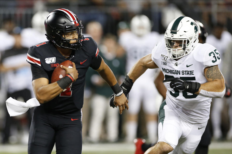 Ohio State quarterback Justin Fields plays against Michigan State during an NCAA college football game Saturday, Oct. 5, 2019, in Columbus, Ohio. (AP Photo/Jay LaPrete)