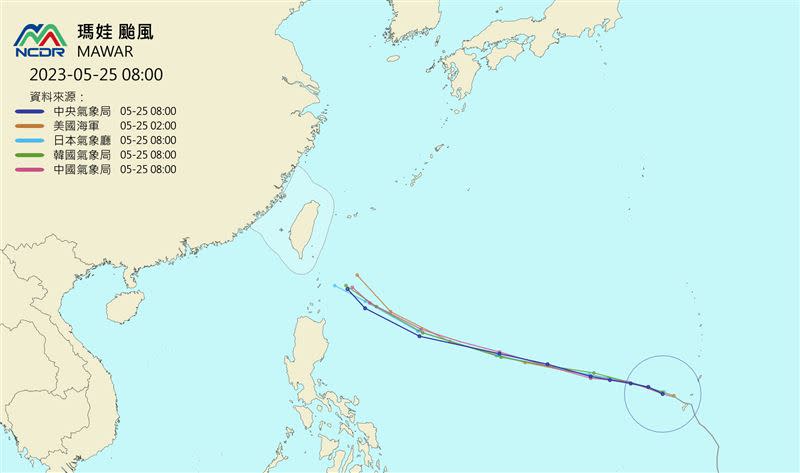 賈新興分析各國預測瑪娃颱風路徑圖，認為變化較大的時間出現在5天後。（圖／翻攝自NCDR氣候與天氣監測網）