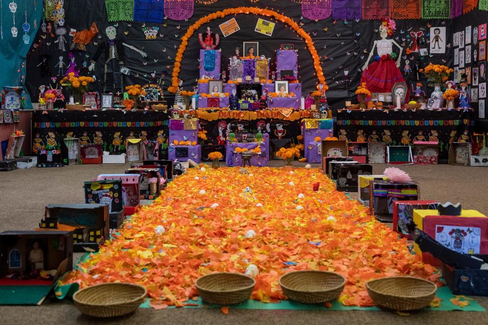 A Salinas school decorates a Day of the Dead (Dia de los Muertos) altar to honor the lives of those who they've lost in Salinas, Calif., on Tuesday, Nov. 2, 2021.