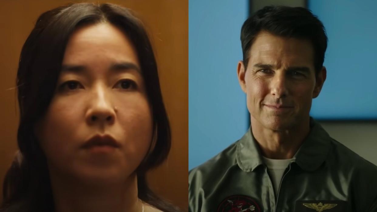  Jane (Maya Erskine) looks at John on Mr. and Mrs. Smith and Maverick smirks during a briefing in Top Gun: Maverick. 