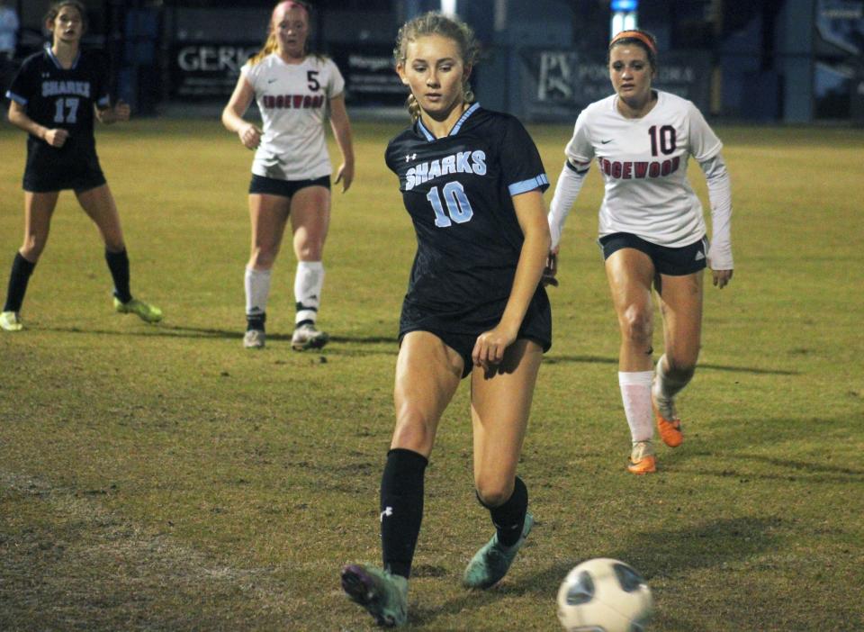 Ponte Vedra midfielder Abby Wooten (10) passes the ball along the sideline in a December game against Edgewood.
