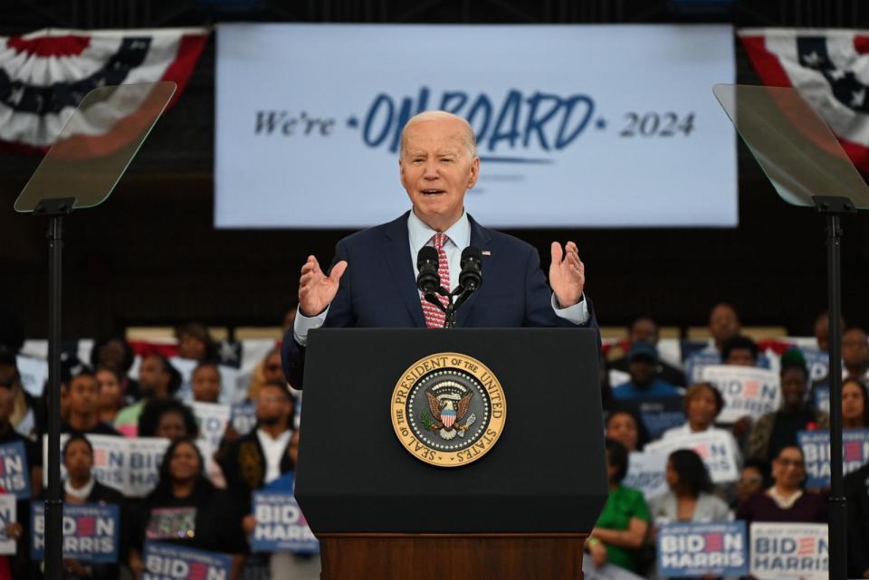 PHOTO: President of the United States Joe Biden speaks at a campaign rally with Vice President of the United States Kamala Harris at Girard College, May 29, 2024, in Philadelphia. (Anadolu via Getty Images, FILE)