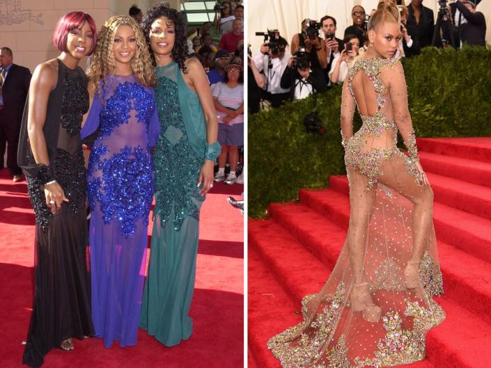 Destiny's Child in 2001 and Beyoncé in 2015 wearing sheer outfits styled by Ty Hunter.