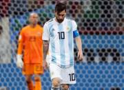 Jun 21, 2018; Nizhni Novgorod, Russia; Argentinian forward Messi reacts after Croatian midfielder Ivan Rakitic scored during the FIFA World Cup 2018 Group D soccer match between Argentina and Croatia. Mandatory Credit: EFE/Sipa USA via USA TODAY Sports