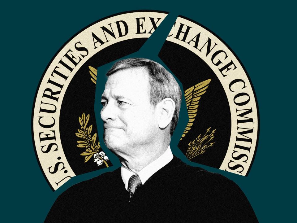 Chief Justice John Roberts in front of the SEC logo