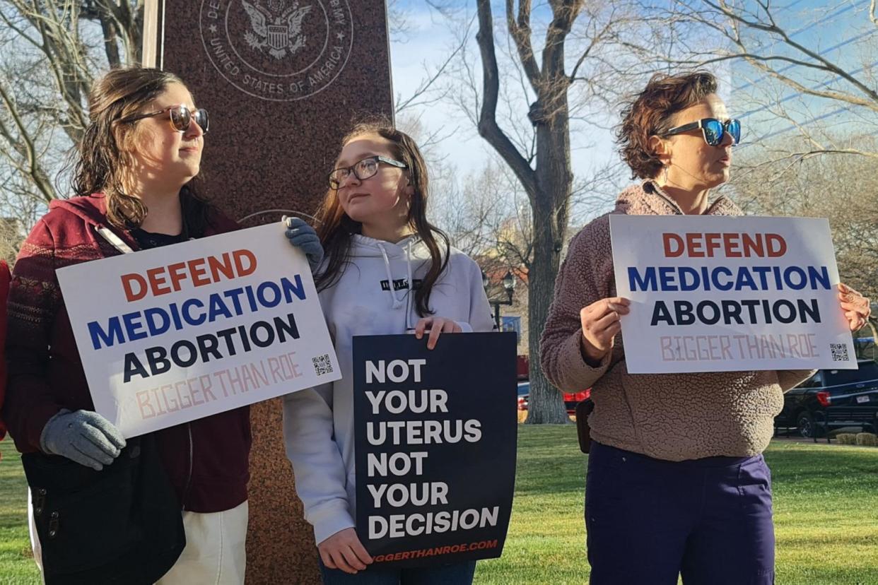 PHOTO: Abortion rights advocates gather in Amarillo, TX, on March 15, 2023.  (Moises Avila/AFP via Getty Images)